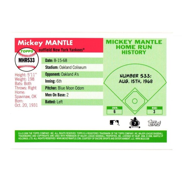 2008 Topps #MHR533 Mickey Mantle New York Yankees - Picture 2 of 2